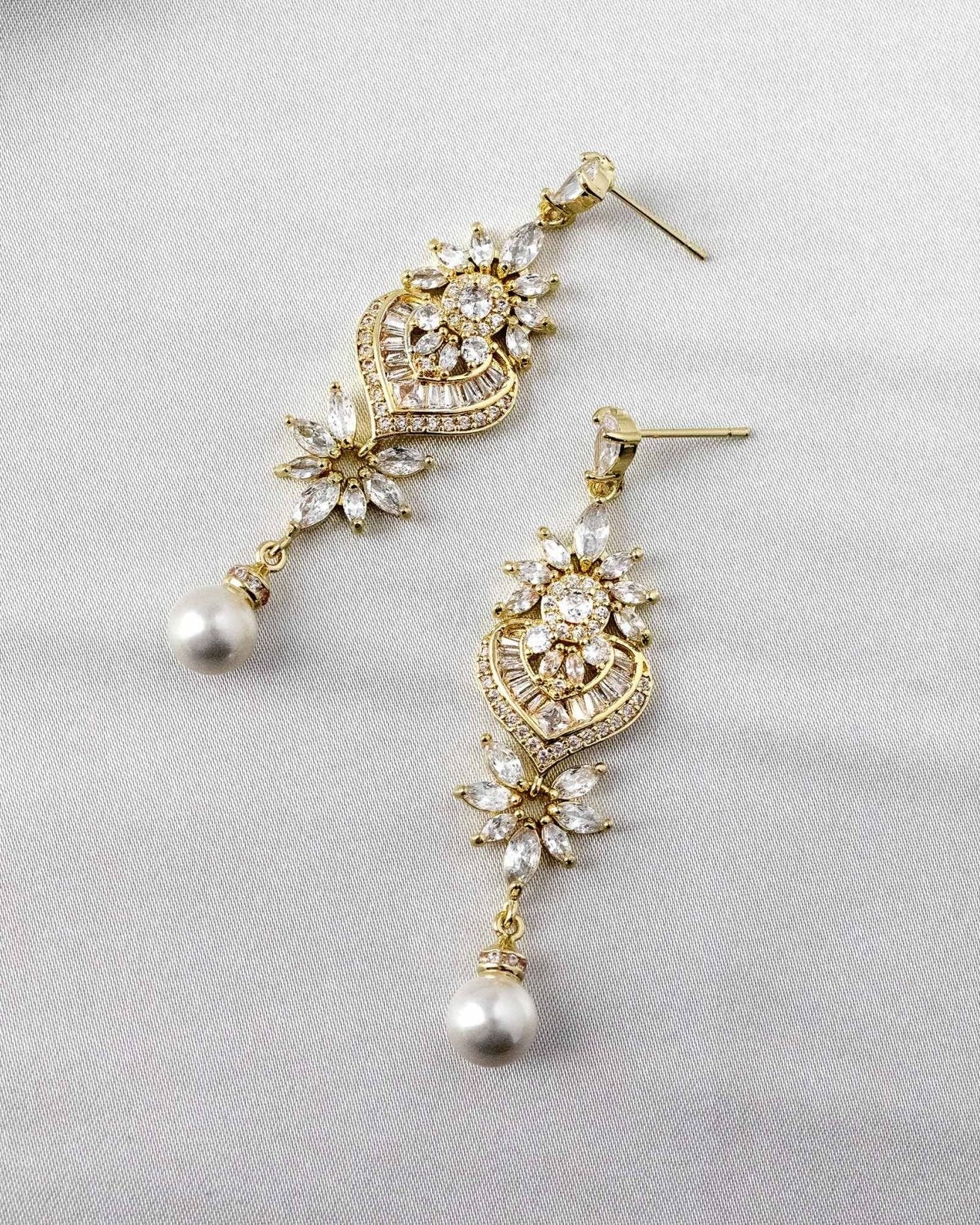 Vintage Pearl CZ Bridal Earrings - Earrings - Cassandra Lynne