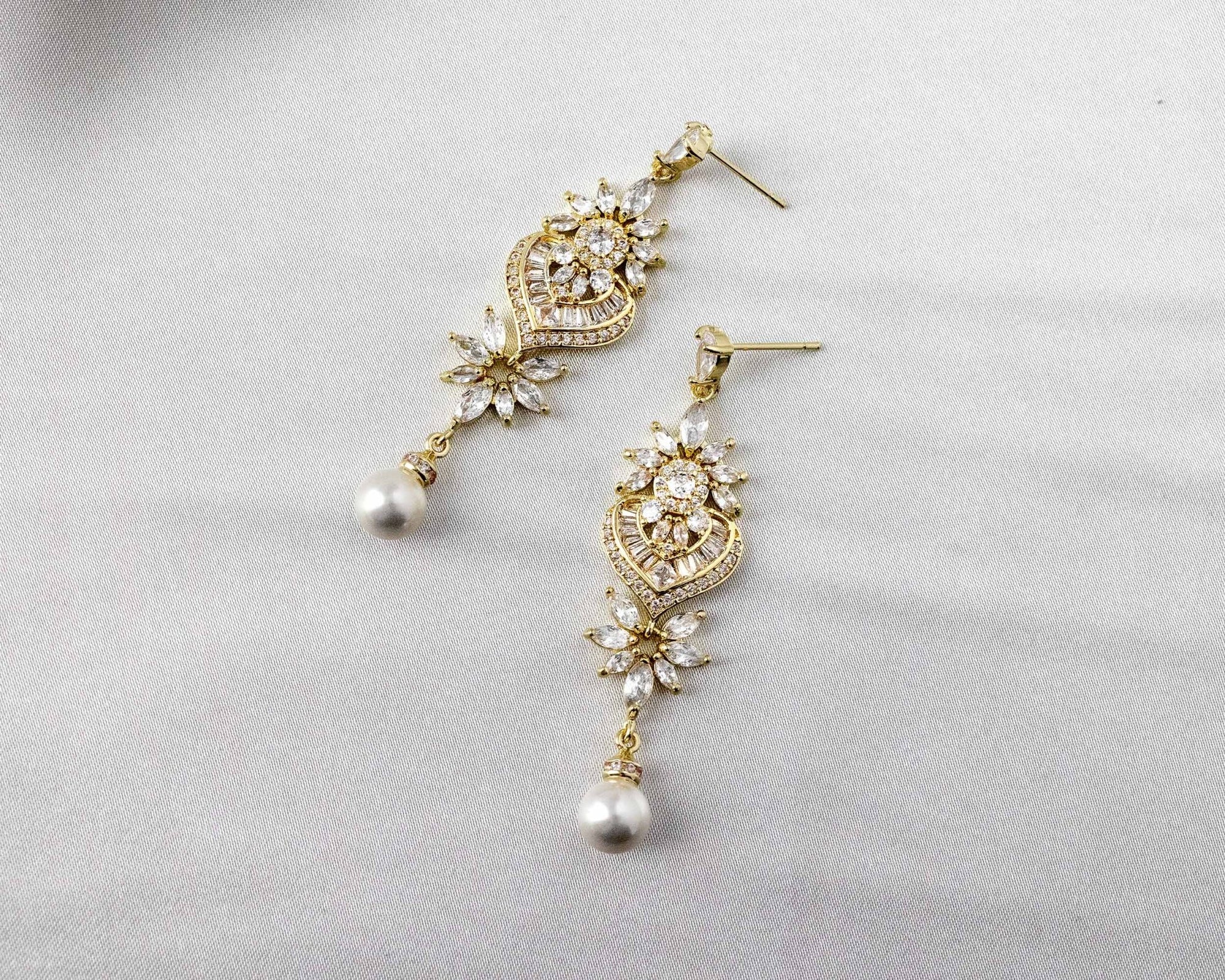 Vintage Pearl CZ Bridal Earrings - Earrings - Cassandra Lynne