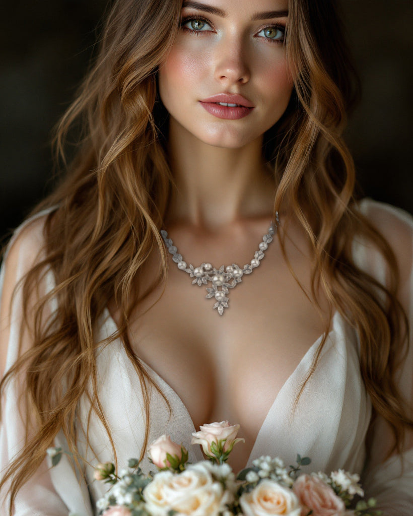 Floral Bridal Necklace Set with Pearls-Cassandra Lynne