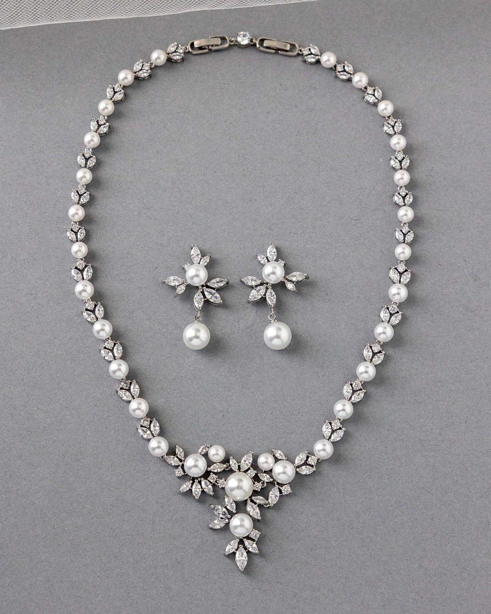 Floral Bridal Necklace Set with Pearls-Cassandra Lynne