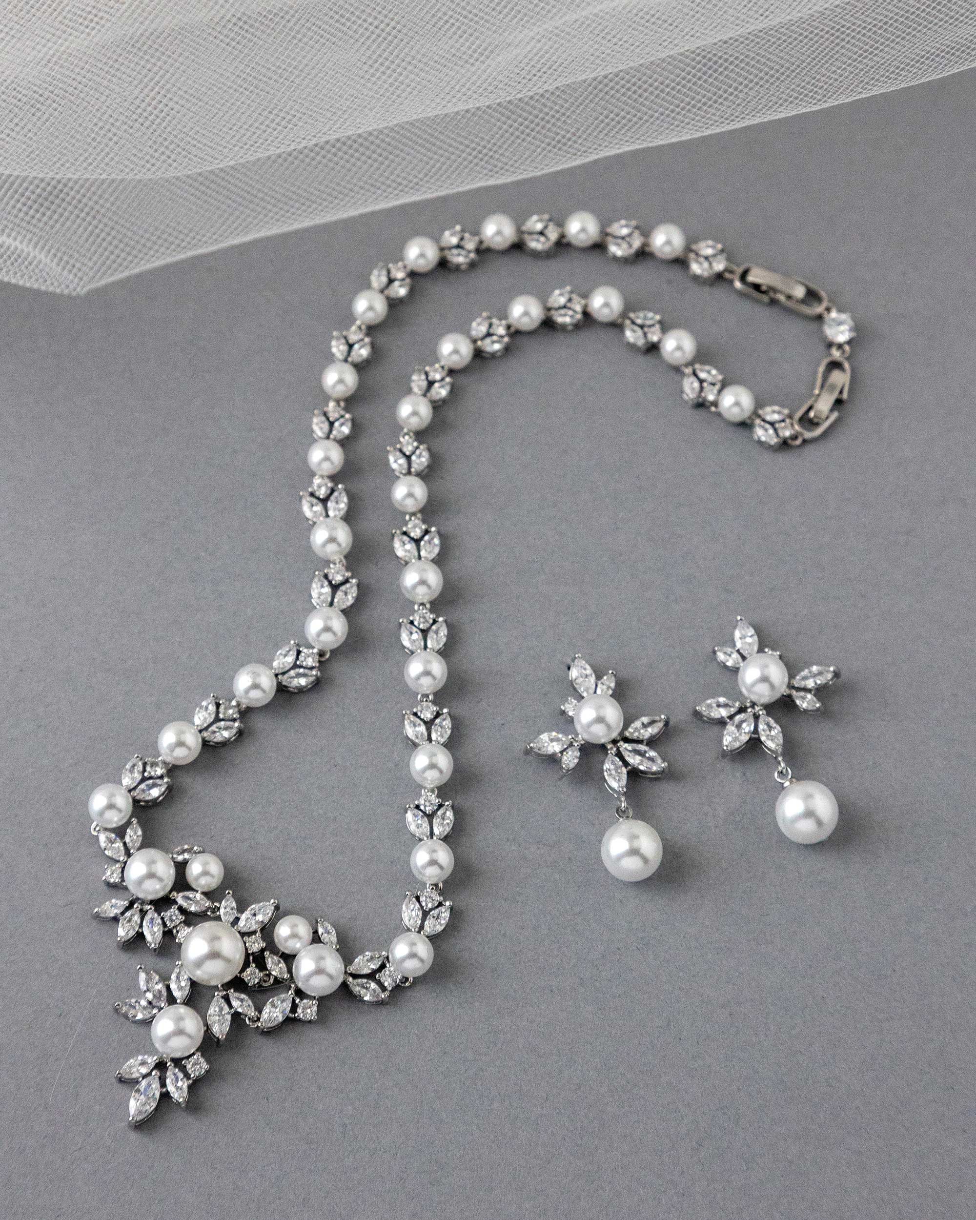 Floral Bridal Necklace Set with Pearls-Cassandra Lynne