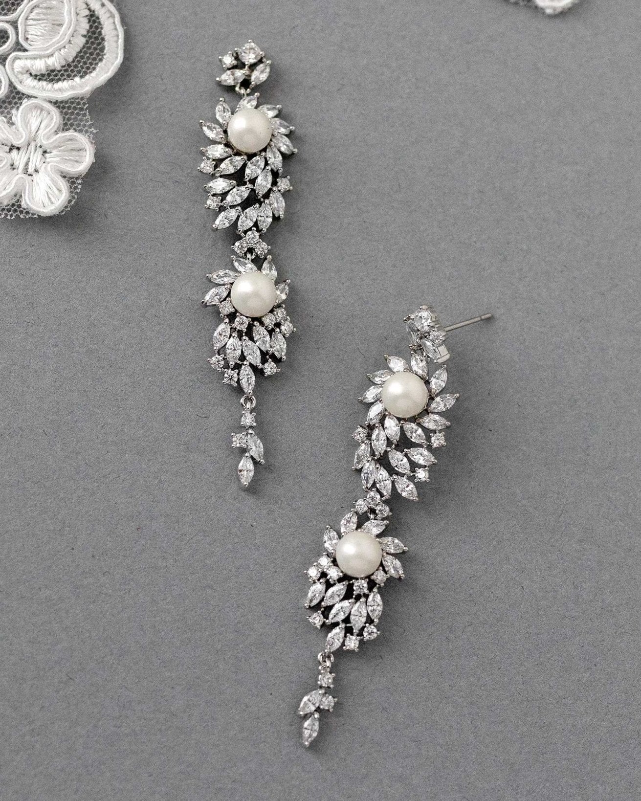 Vintage Styled Marquise Burst Pearl Dangle Earrings - earrings - Cassandra Lynne