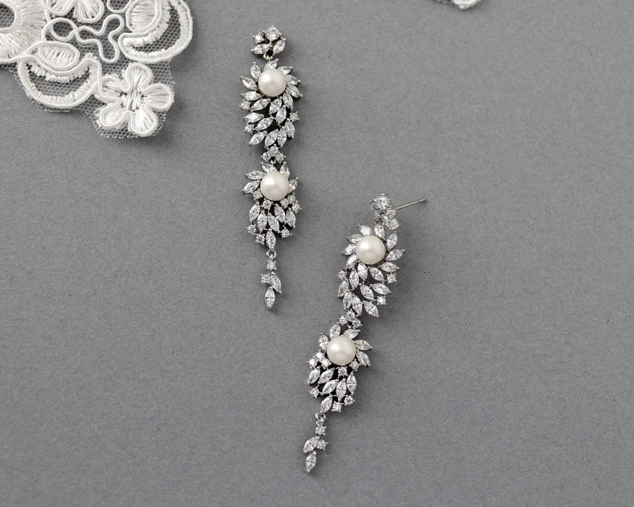 Vintage Styled Marquise Burst Pearl Dangle Earrings - earrings - Cassandra Lynne