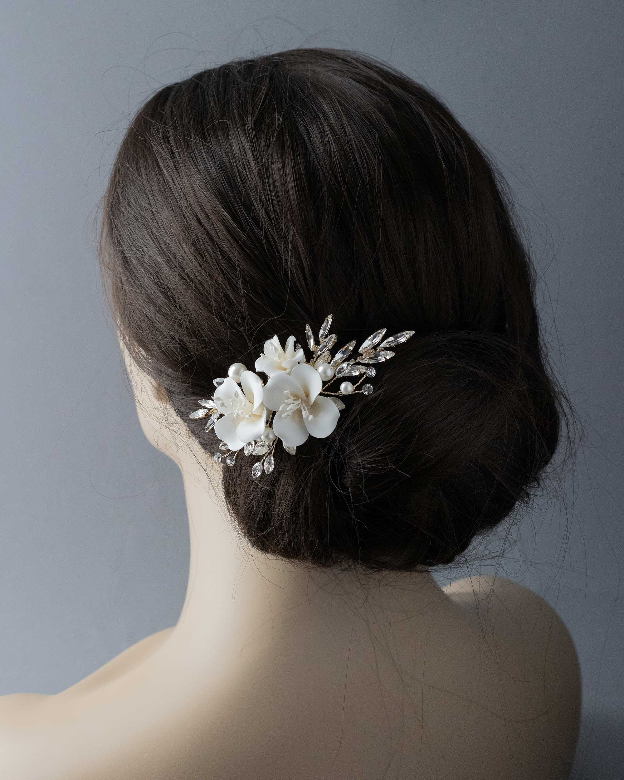 Bridal Comb of Matte porcelain Flowers and Elongated Crystals