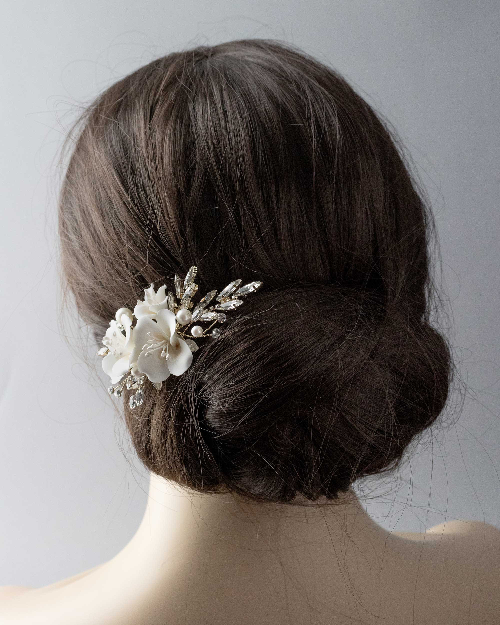 Bridal Comb of Matte porcelain Flowers and Elongated Crystals