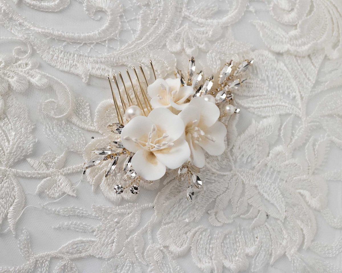 Bridal Comb of Matte porcelain Flowers and Elongated Crystals