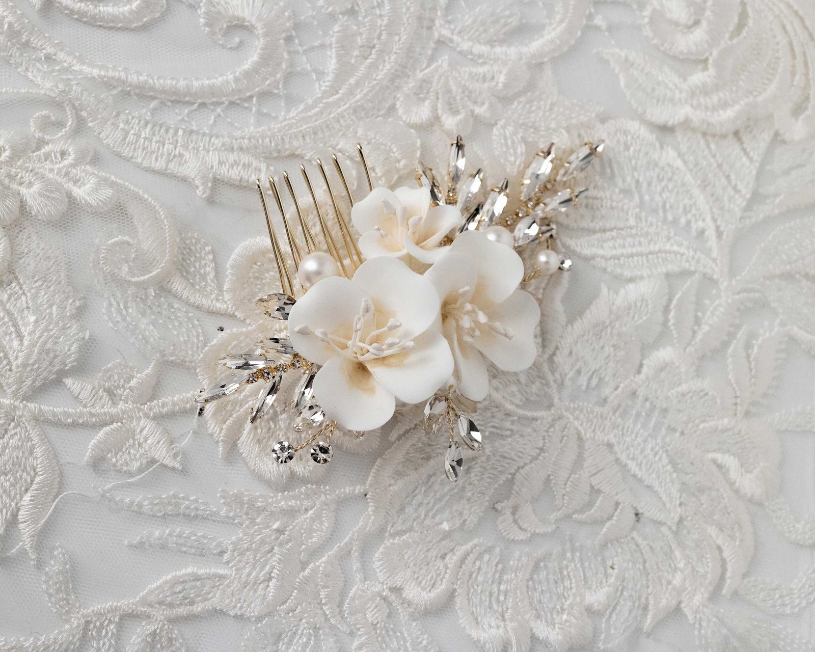 Bridal Comb of Matte porcelain Flowers and Elongated Crystals