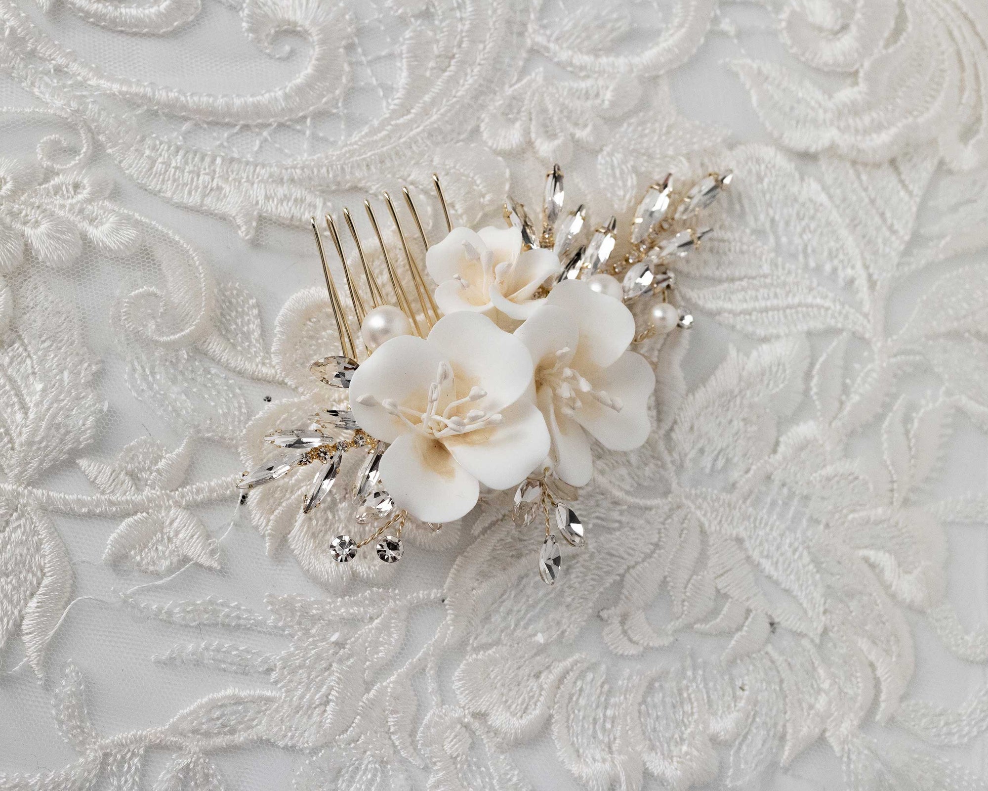 Bridal Comb of Matte porcelain Flowers and Elongated Crystals