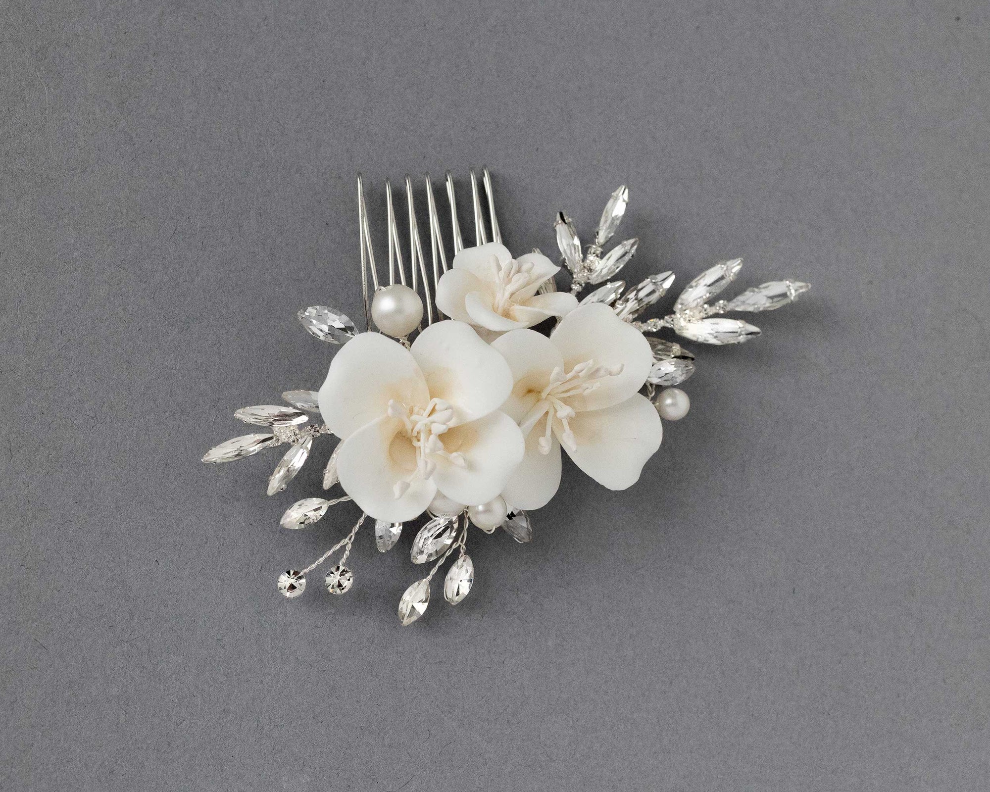 Bridal Comb of Matte porcelain Flowers and Elongated Crystals