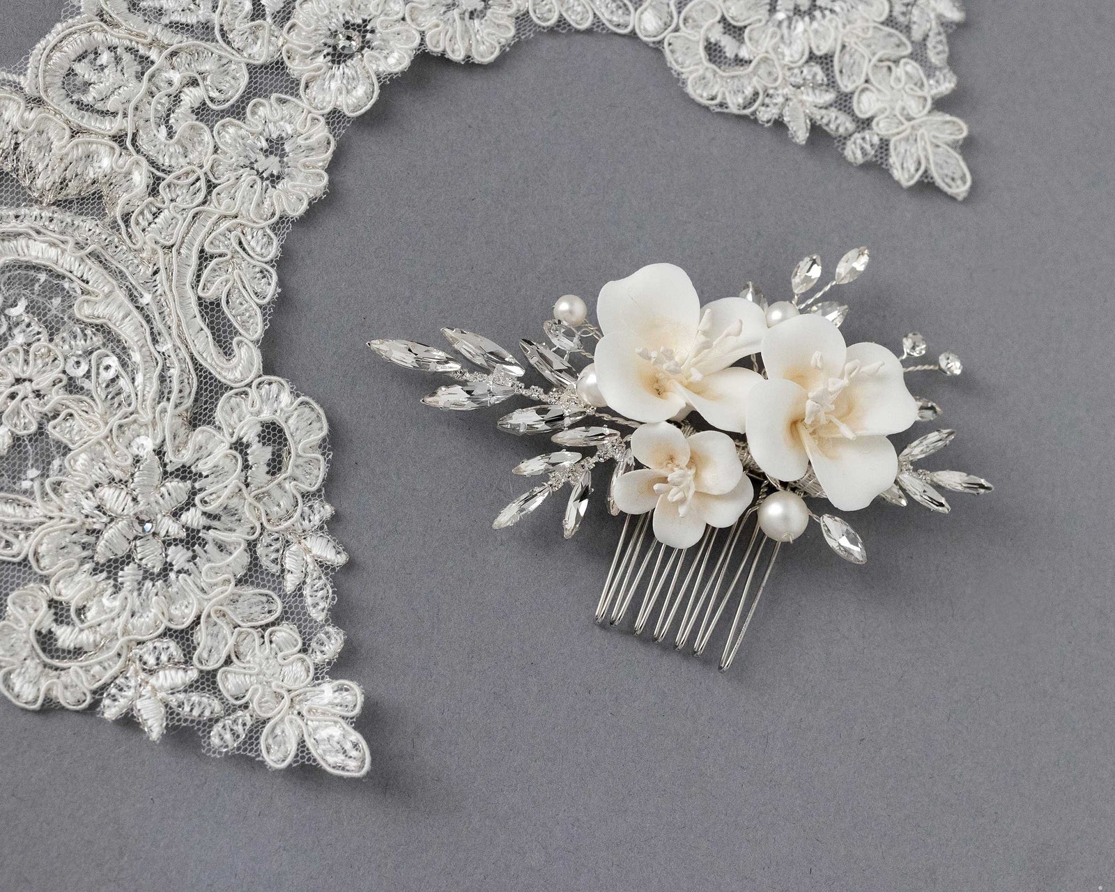 Bridal Comb of Matte porcelain Flowers and Elongated Crystals