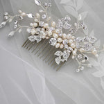 Wedding Comb of Crystal Leaves and Ivory Pearls - Hair Comb - Cassandra Lynne