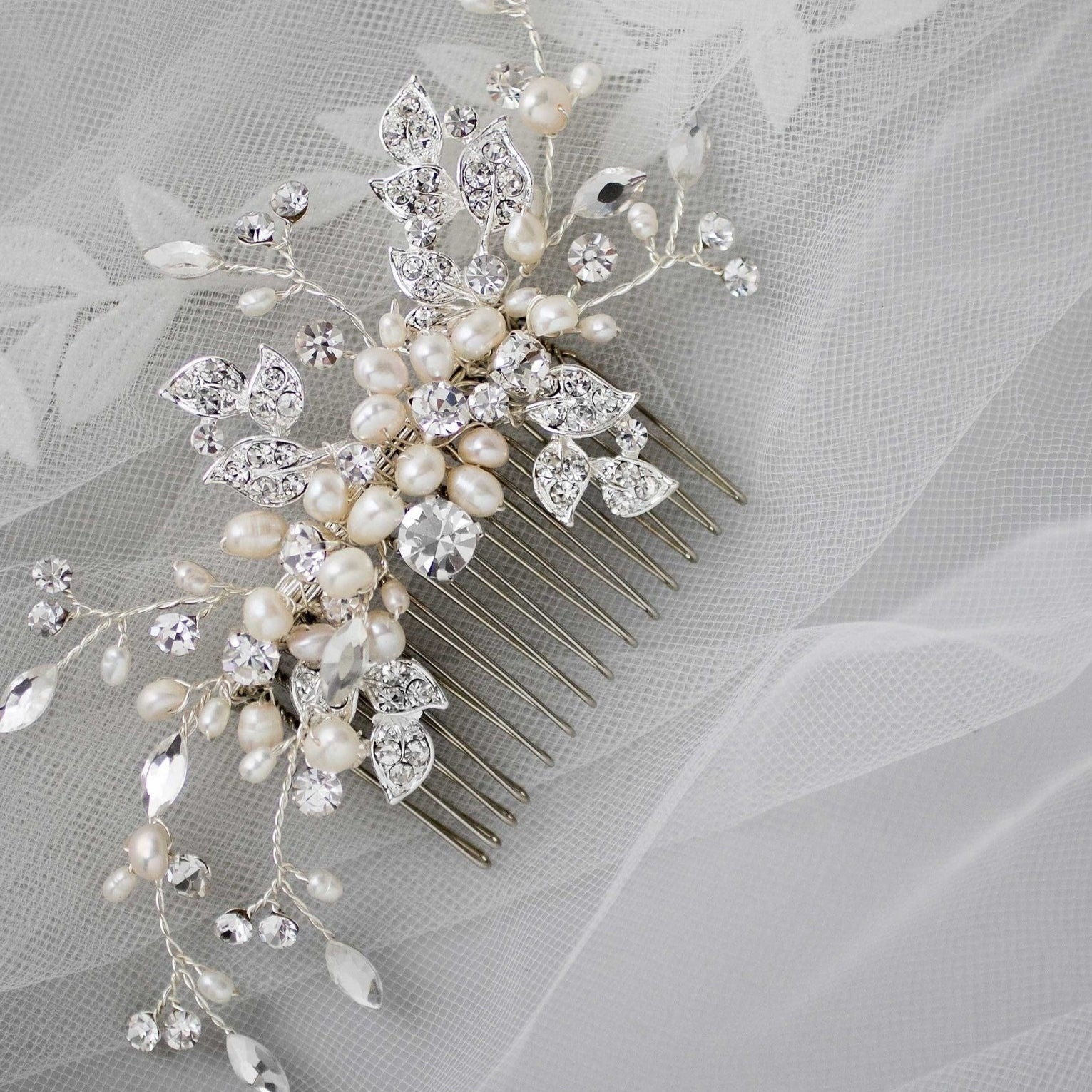 Wedding Comb of Crystal Leaves and Ivory Pearls - Hair Comb - Cassandra Lynne