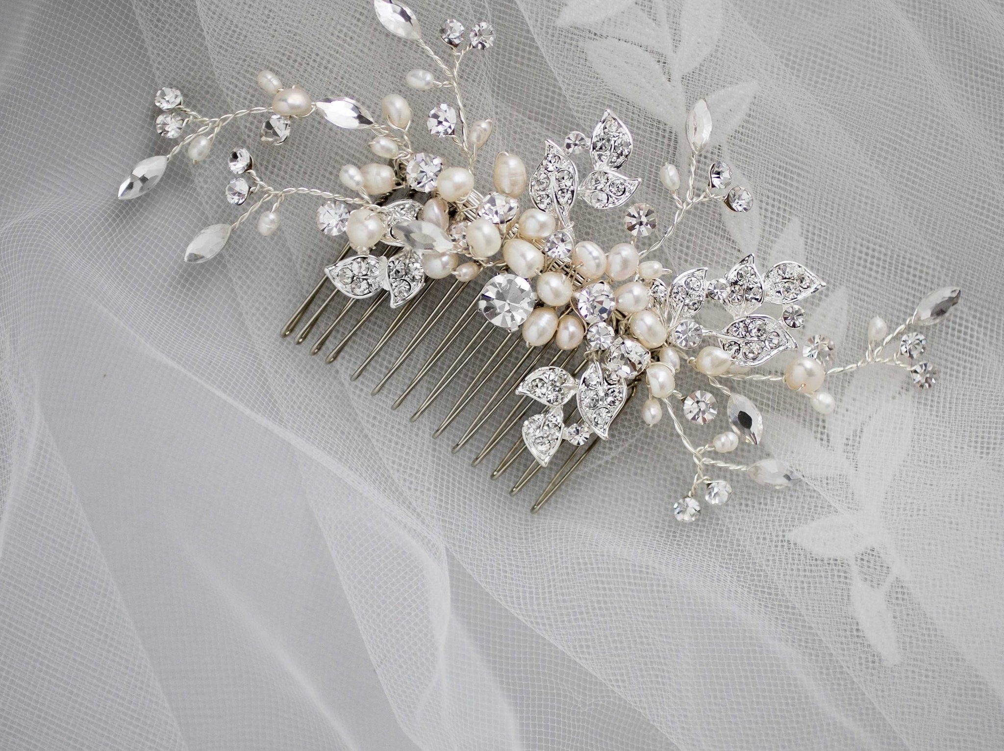 Wedding Comb of Crystal Leaves and Ivory Pearls - Hair Comb - Cassandra Lynne