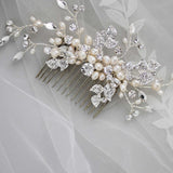 Wedding Comb of Crystal Leaves and Ivory Pearls - Hair Comb - Cassandra Lynne
