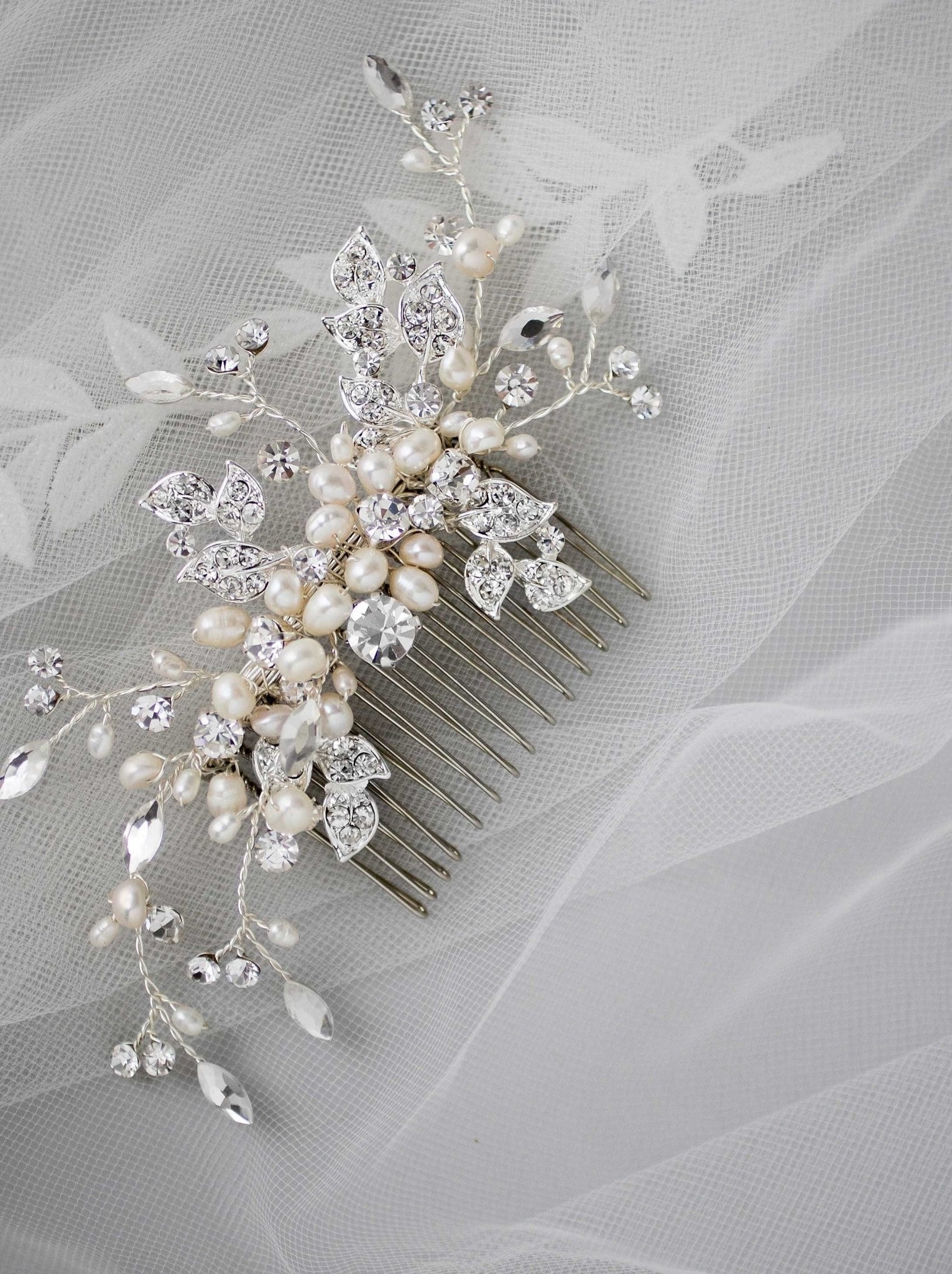 Wedding Comb of Crystal Leaves and Ivory Pearls - Hair Comb - Cassandra Lynne