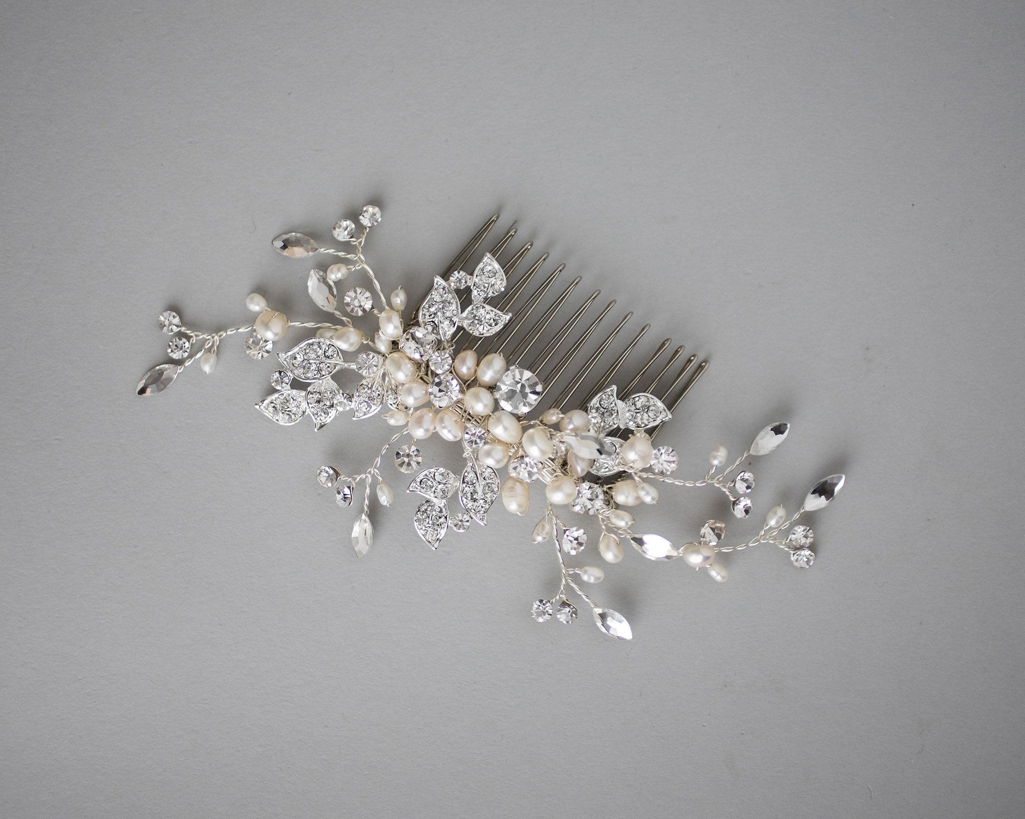 Wedding Comb of Crystal Leaves and Ivory Pearls - Hair Comb - Cassandra Lynne