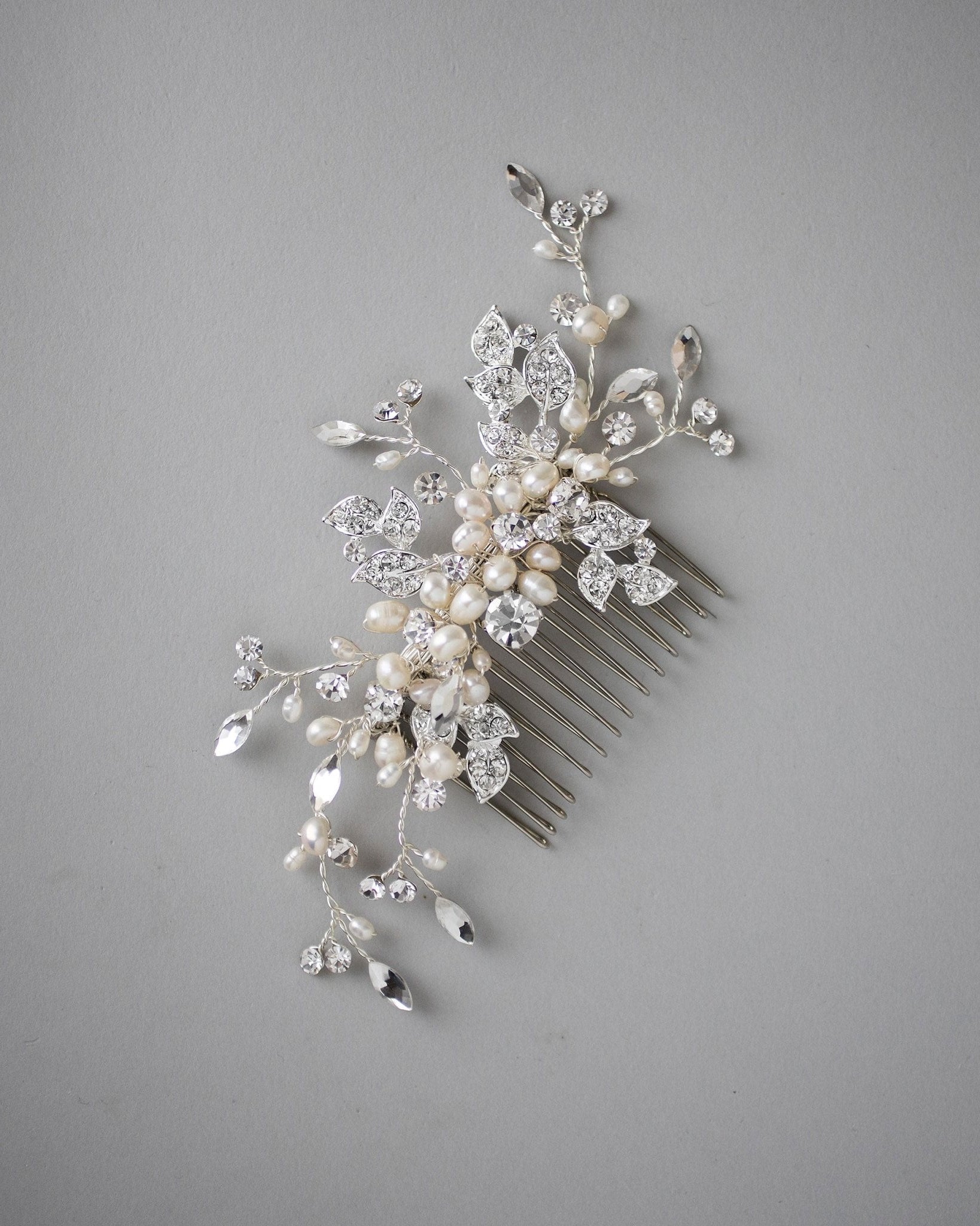 Wedding Comb of Crystal Leaves and Ivory Pearls - Hair Comb - Cassandra Lynne