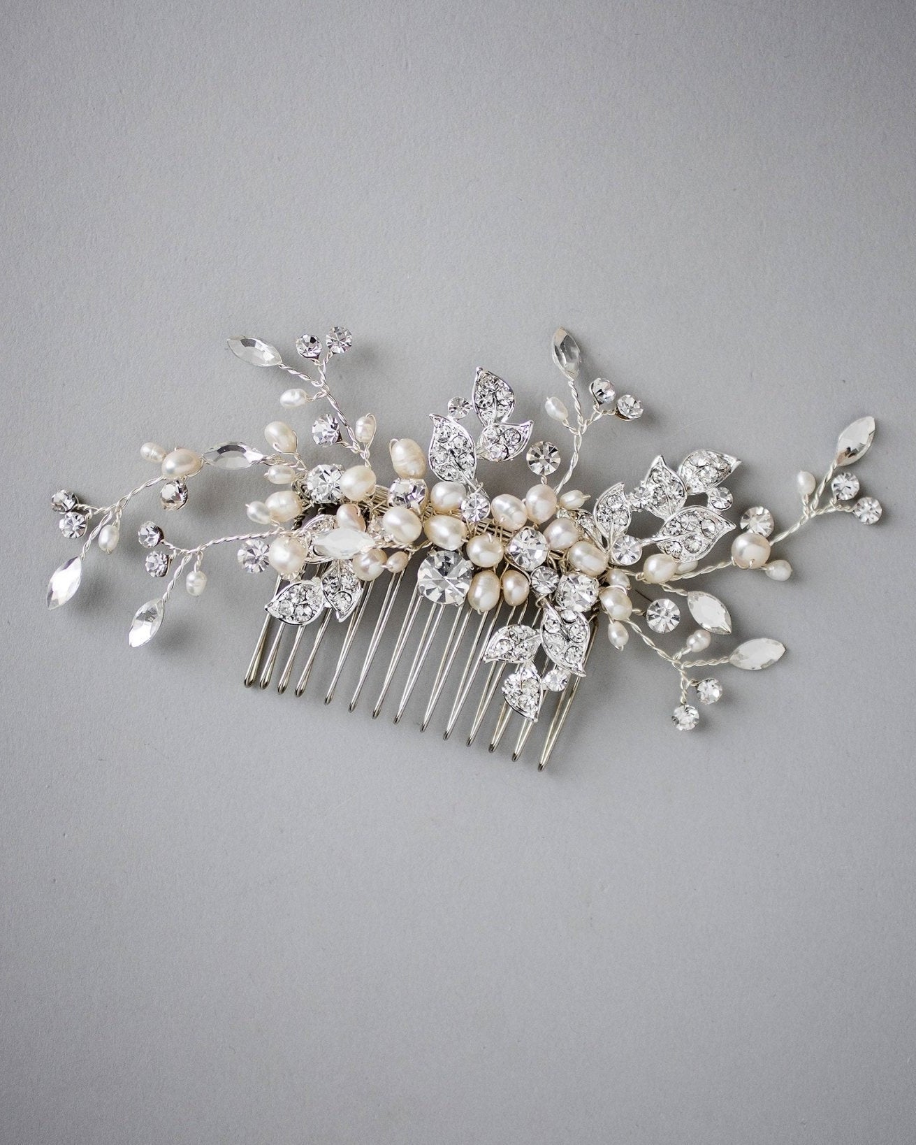 Wedding Comb of Crystal Leaves and Ivory Pearls - Hair Comb - Cassandra Lynne