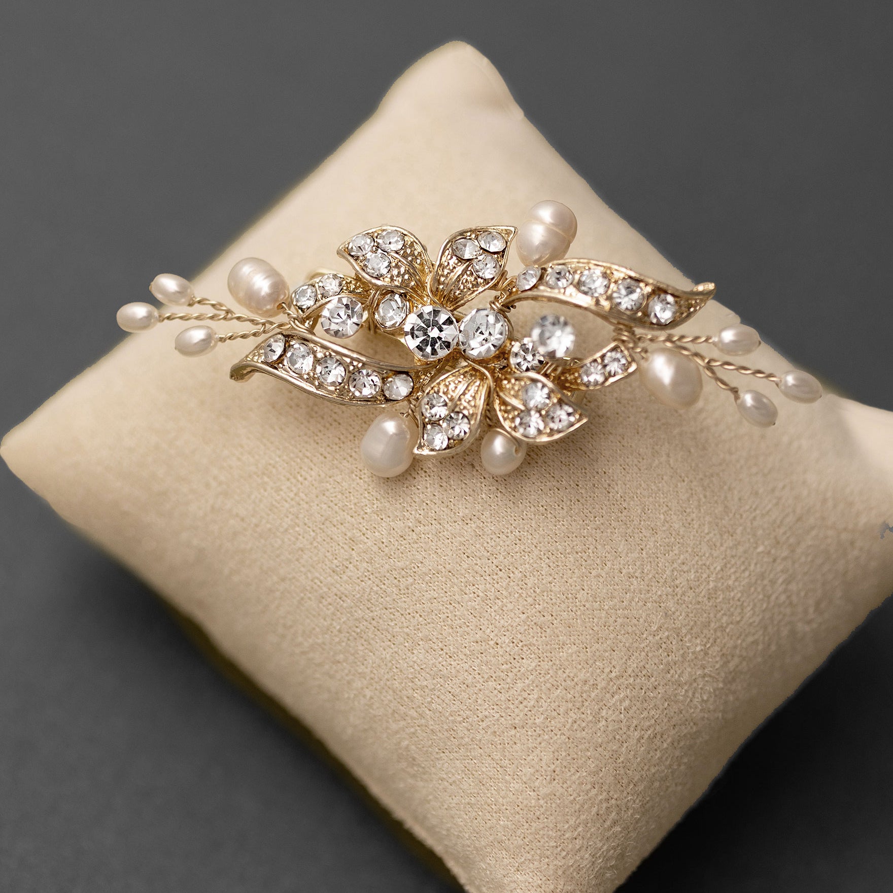 Bridal Hair Clip Small Crystal and Pearl Floral Gold