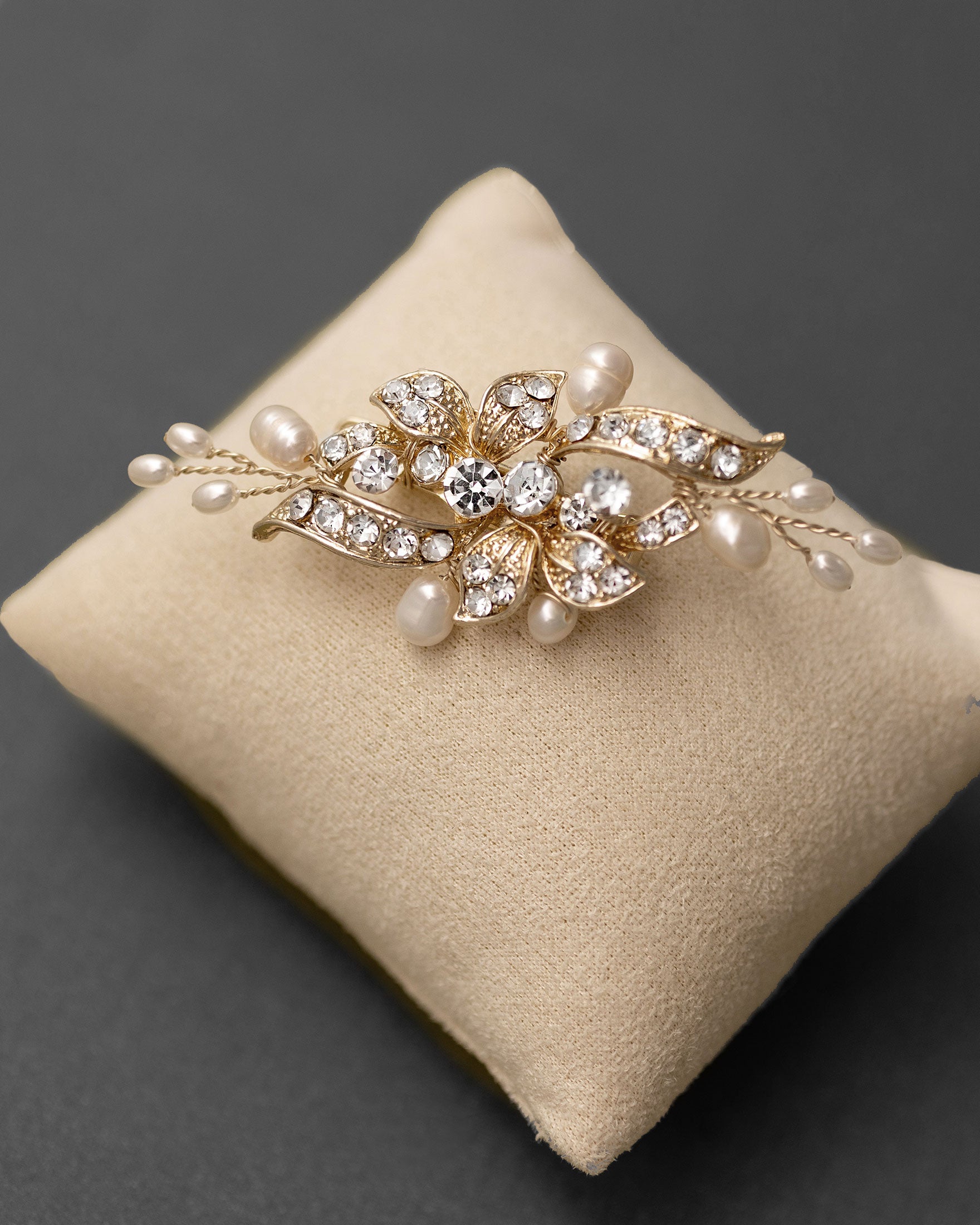 Bridal Hair Clip Small Crystal and Pearl Floral Gold