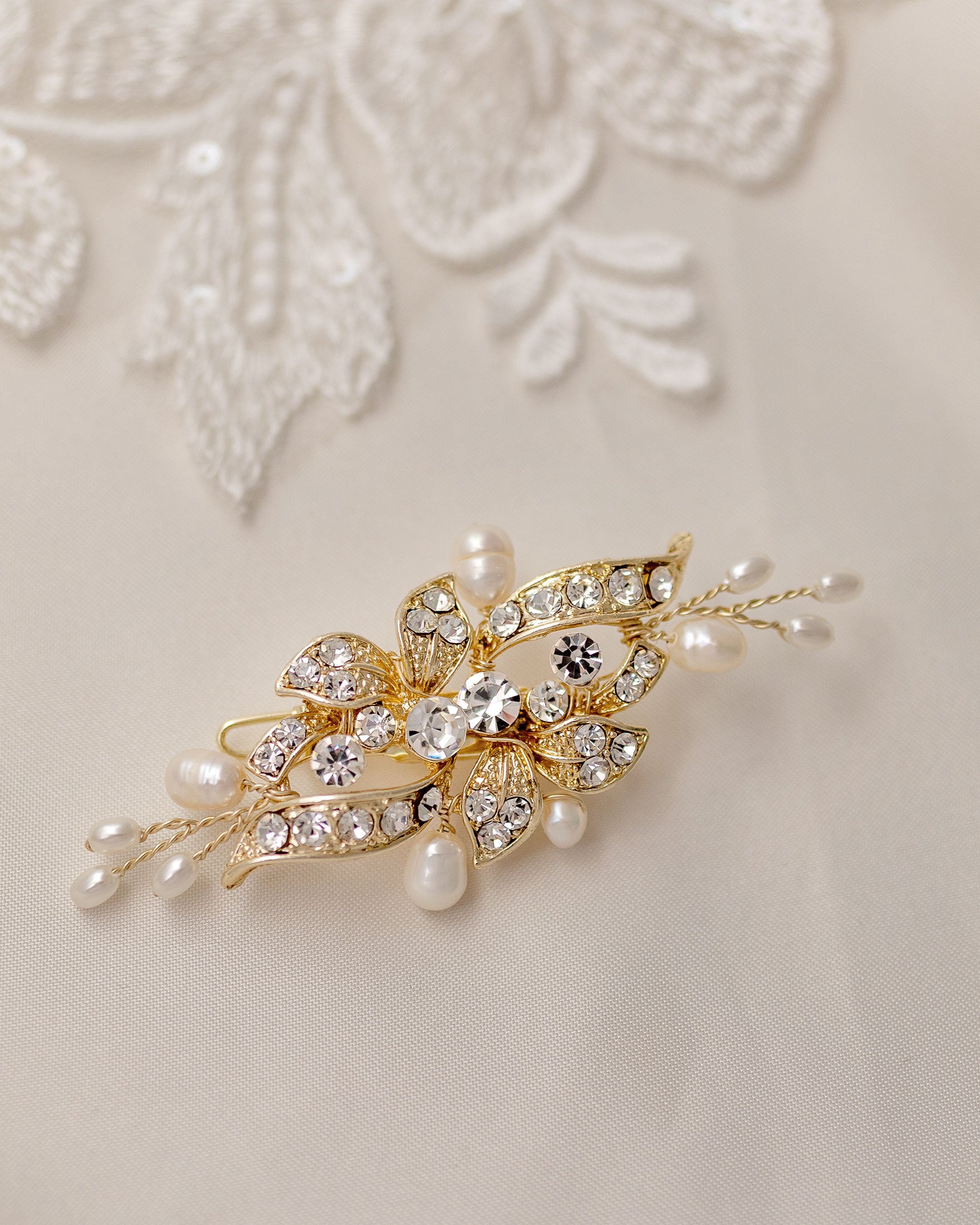 Bridal Hair Clip Small Crystal and Pearl Floral Gold-Cassandra Lynne