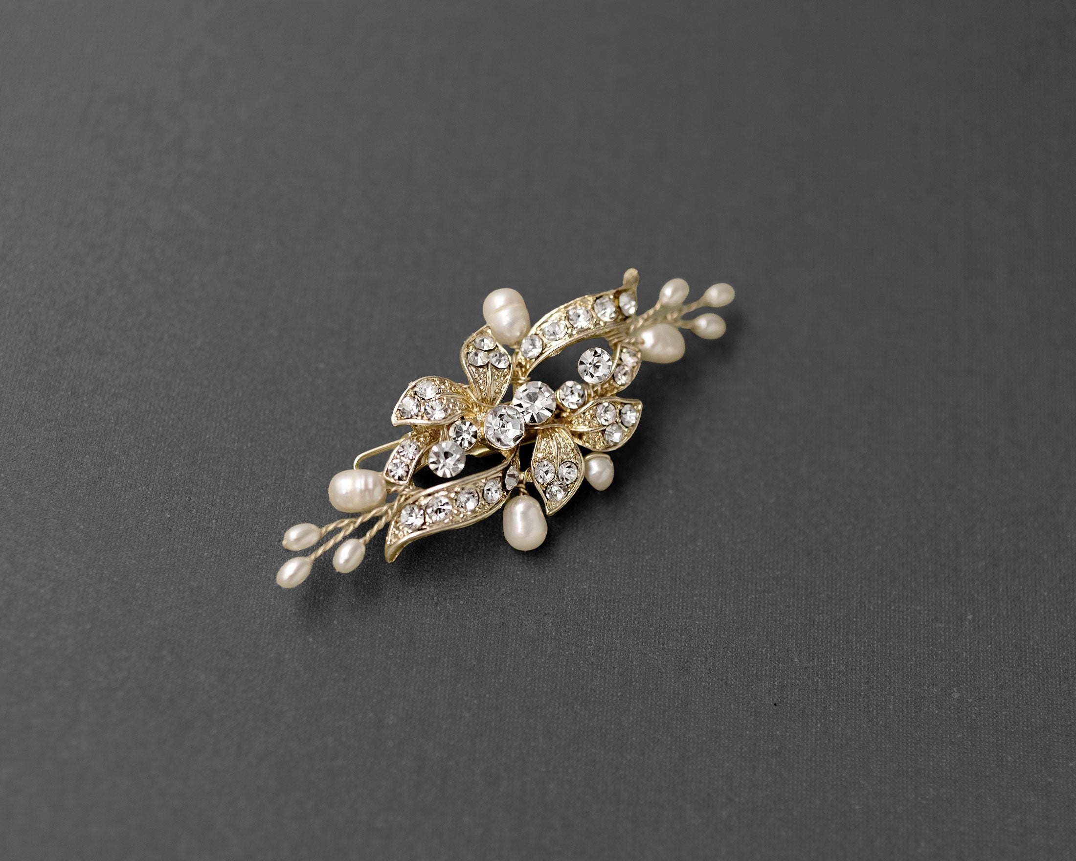 Bridal Hair Clip Small Crystal and Pearl Floral Gold-Cassandra Lynne