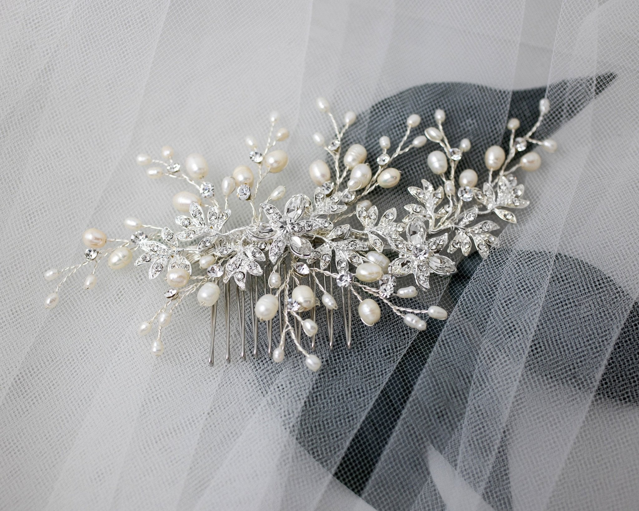 Wedding Hair Comb of Marquise Flowers and Pearls - Hair Comb - Cassandra Lynne