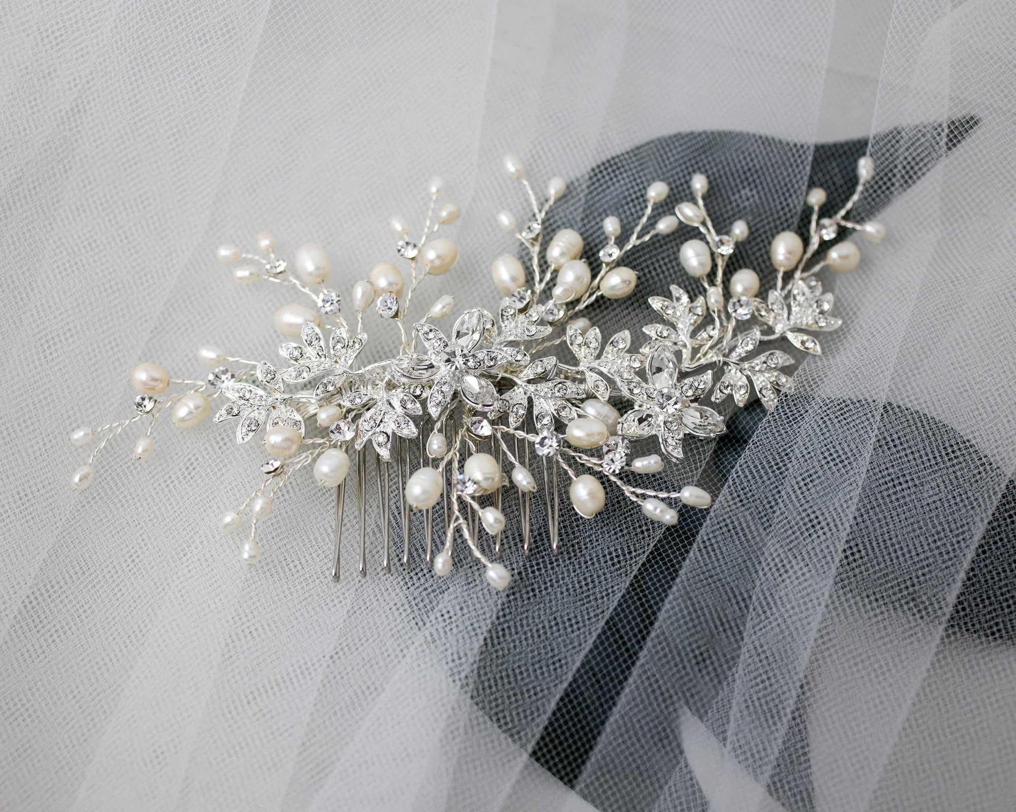 Wedding Hair Comb of Marquise Flowers and Pearls - Hair Comb - Cassandra Lynne