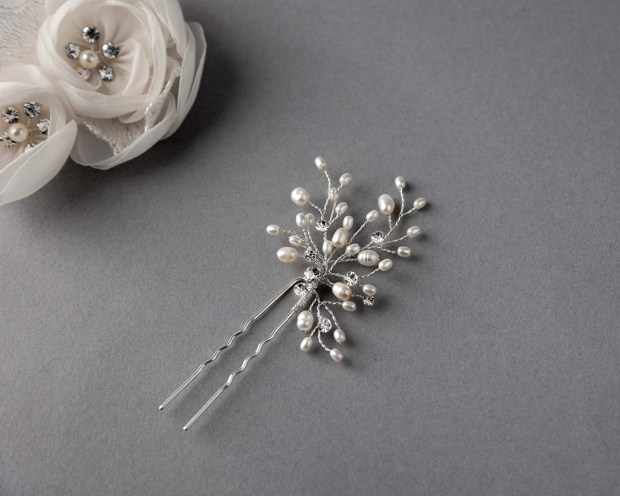 Ivory Cultured Pearl and Crystal Bridal Hair Pin