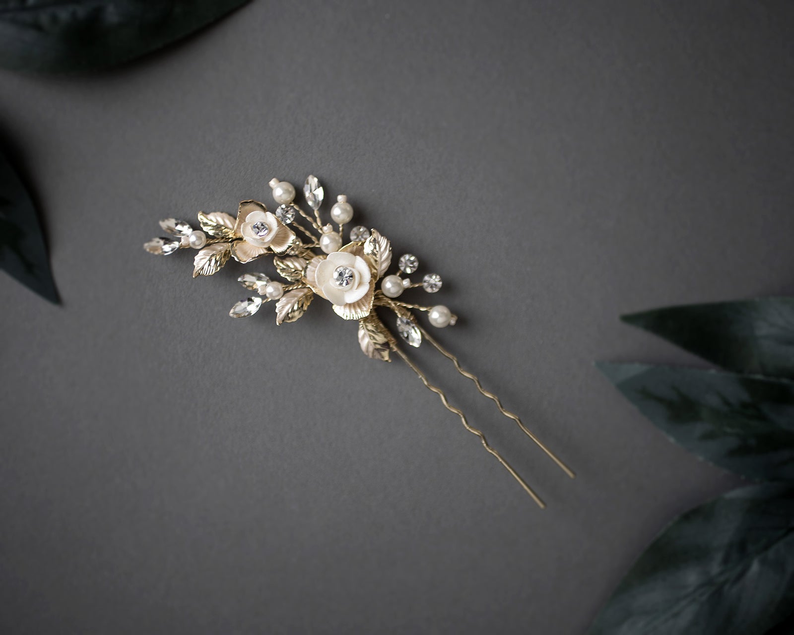 Bridal Veil Comb of Porcelain Flowers and Light Gold Leaves - Cassandra  Lynne