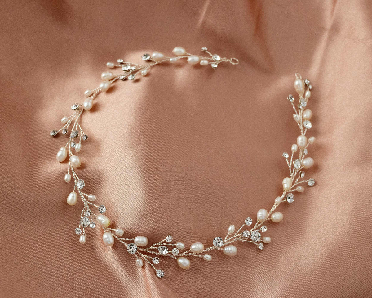 Wedding Hair Vine Headband of Freshwater Pearls and Rhinestones - Cassandra Lynne