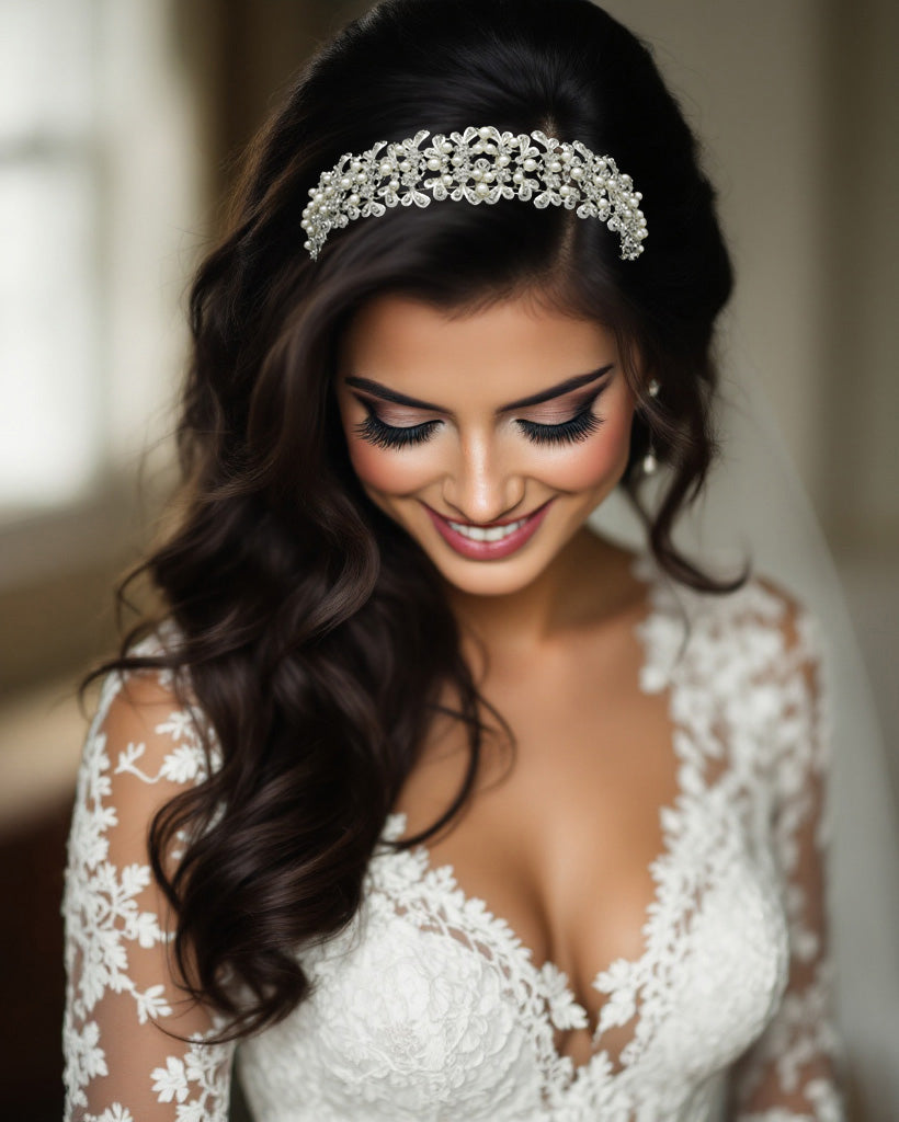 Wedding Headband with Ivory Pearls and Silver Leaves cassandra Lynne