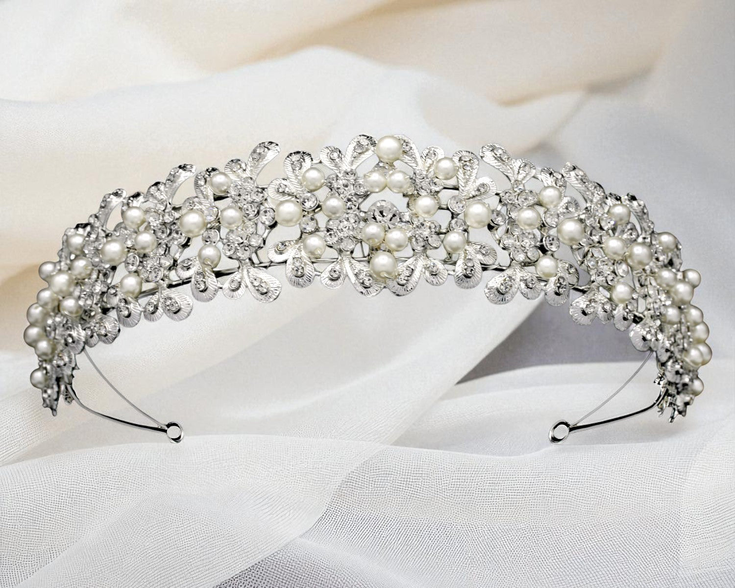 Wedding Headband with Ivory Pearls and Silver Leaves - Headband - Cassandra Lynne