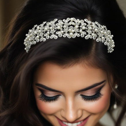 Wedding Headband with Ivory Pearls and Silver Leaves - Headband - Cassandra Lynne