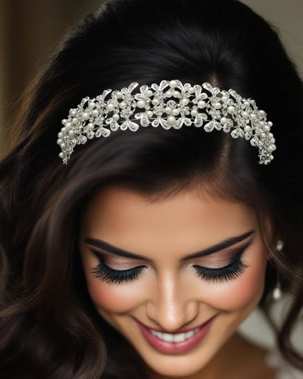 Wedding Headband with Ivory Pearls and Silver Leaves - Headband - Cassandra Lynne