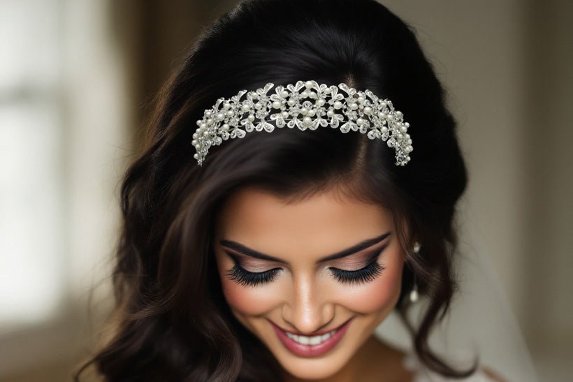 Wedding Headband with Ivory Pearls and Silver Leaves - Headband - Cassandra Lynne