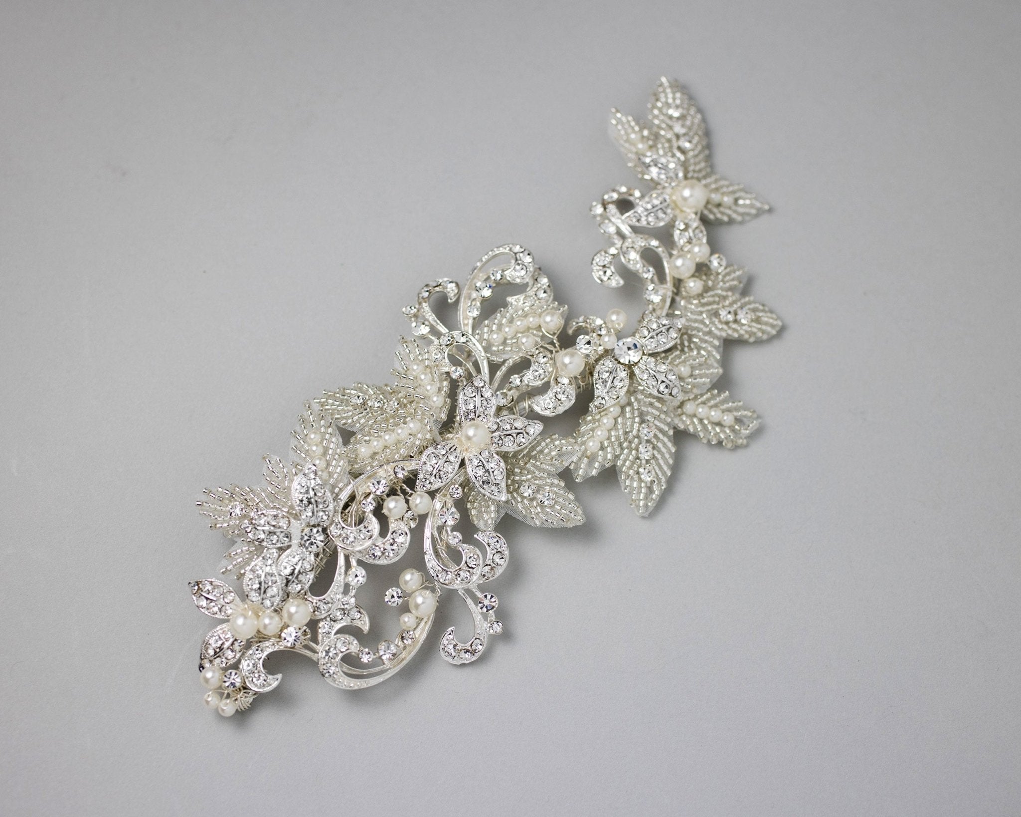 Wedding Headpiece of Pearls, Scrolls and Beaded Leaves - Hair Clips - Cassandra Lynne