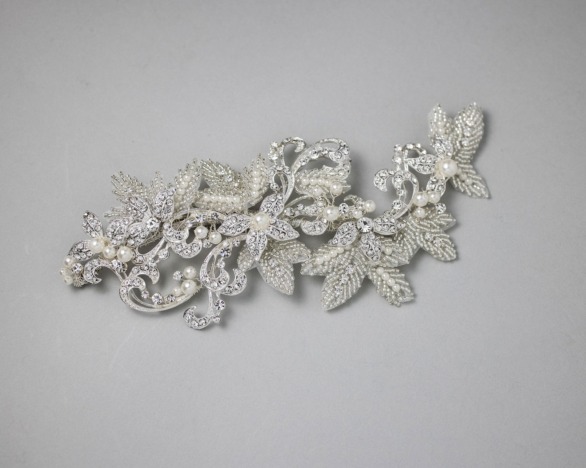 Wedding Headpiece of Pearls, Scrolls and Beaded Leaves - Hair Clips - Cassandra Lynne