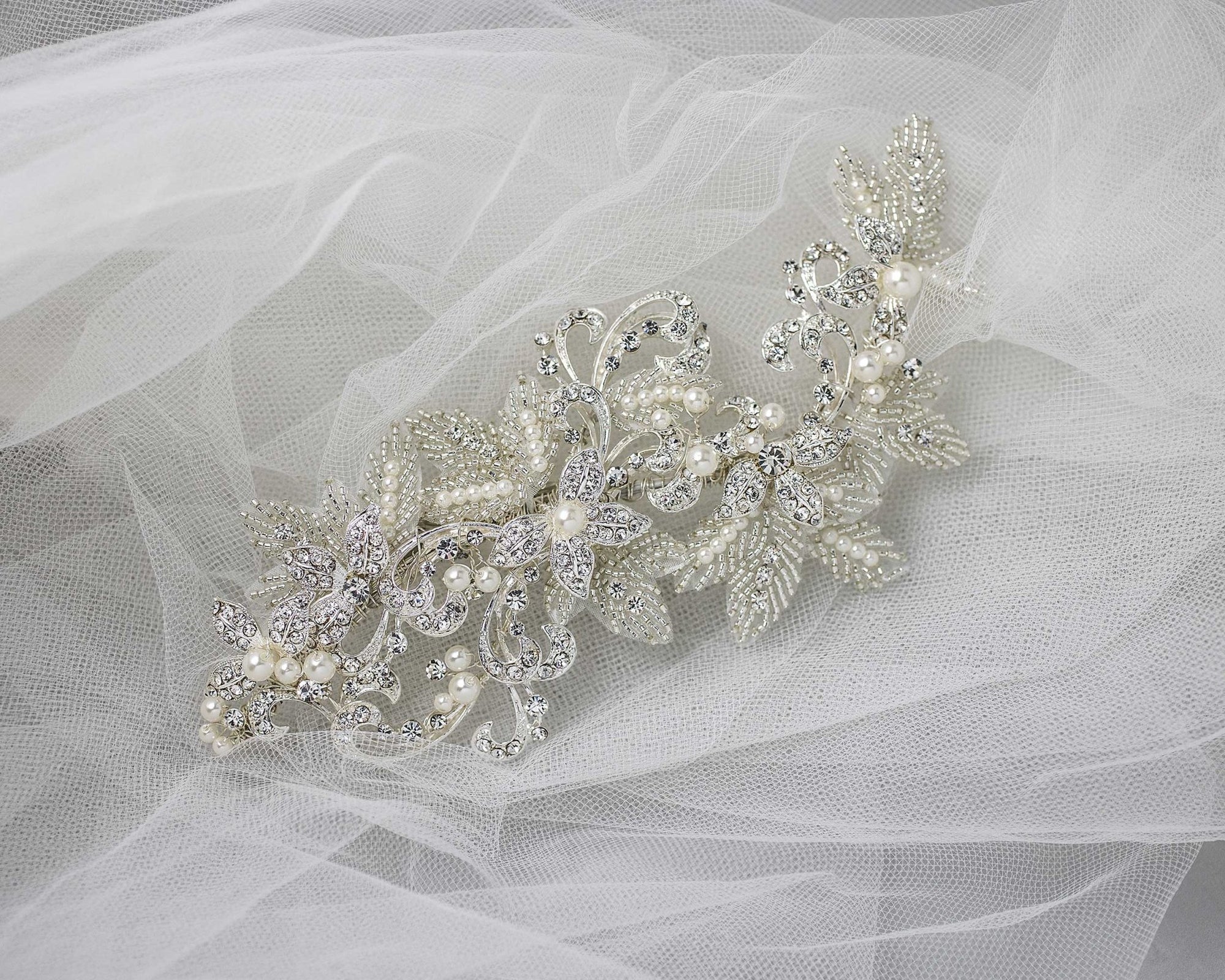 Wedding Headpiece of Pearls, Scrolls and Beaded Leaves - Hair Clips - Cassandra Lynne