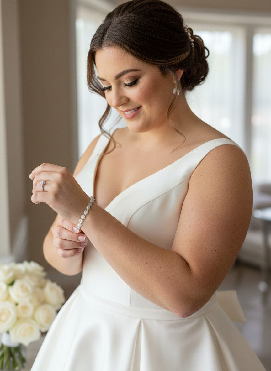 A Pearl Bracelet Alternating CZ Stones  woman in a white sleeveless wedding dress looks down at a pearl bracelet she is adjusting on her wrist, with a bouquet of white roses in the foreground and a softly lit indoor background.
