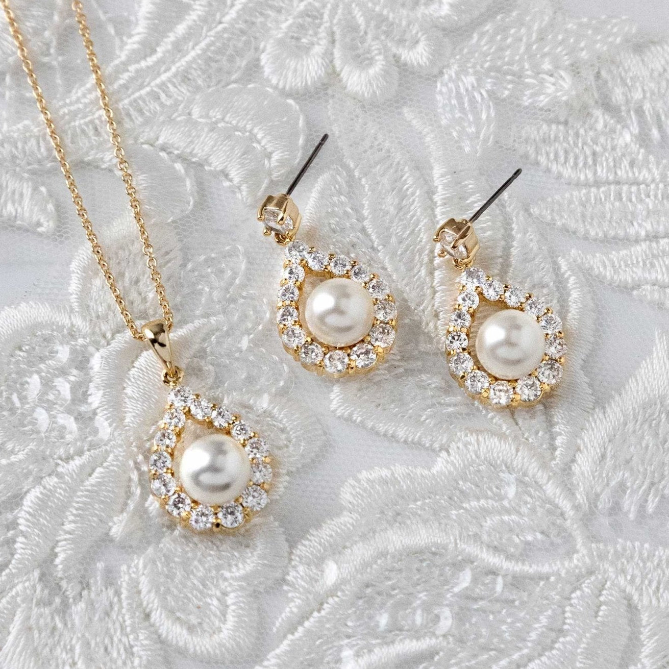 Wedding Jewelry Set of Pearl Drops Necklace - Necklace Set - Cassandra Lynne