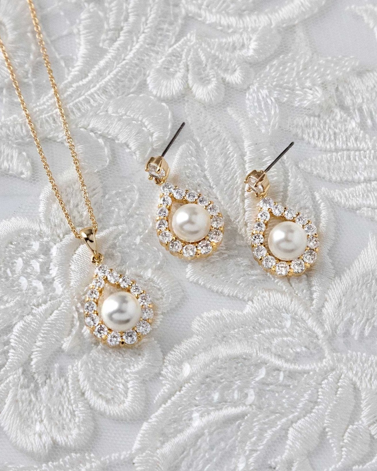 Wedding Jewelry Set of Pearl Drops Necklace - Necklace Set - Cassandra Lynne