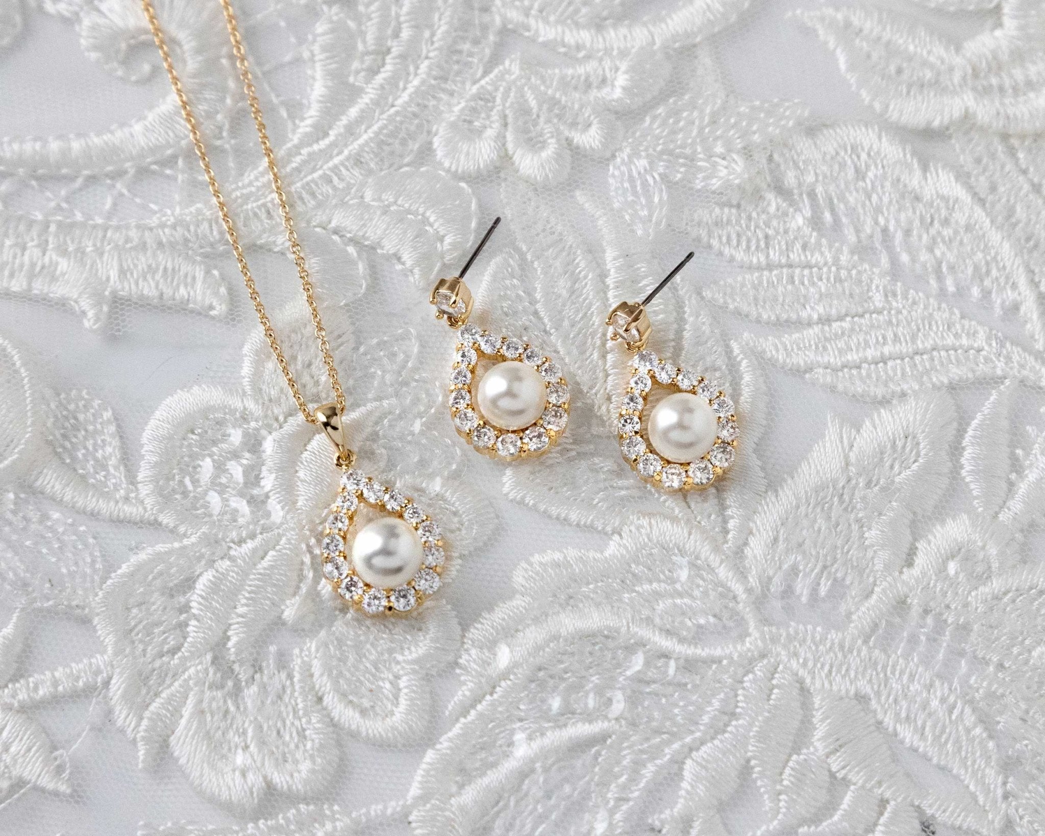 Wedding Jewelry Set of Pearl Drops Necklace - Necklace Set - Cassandra Lynne