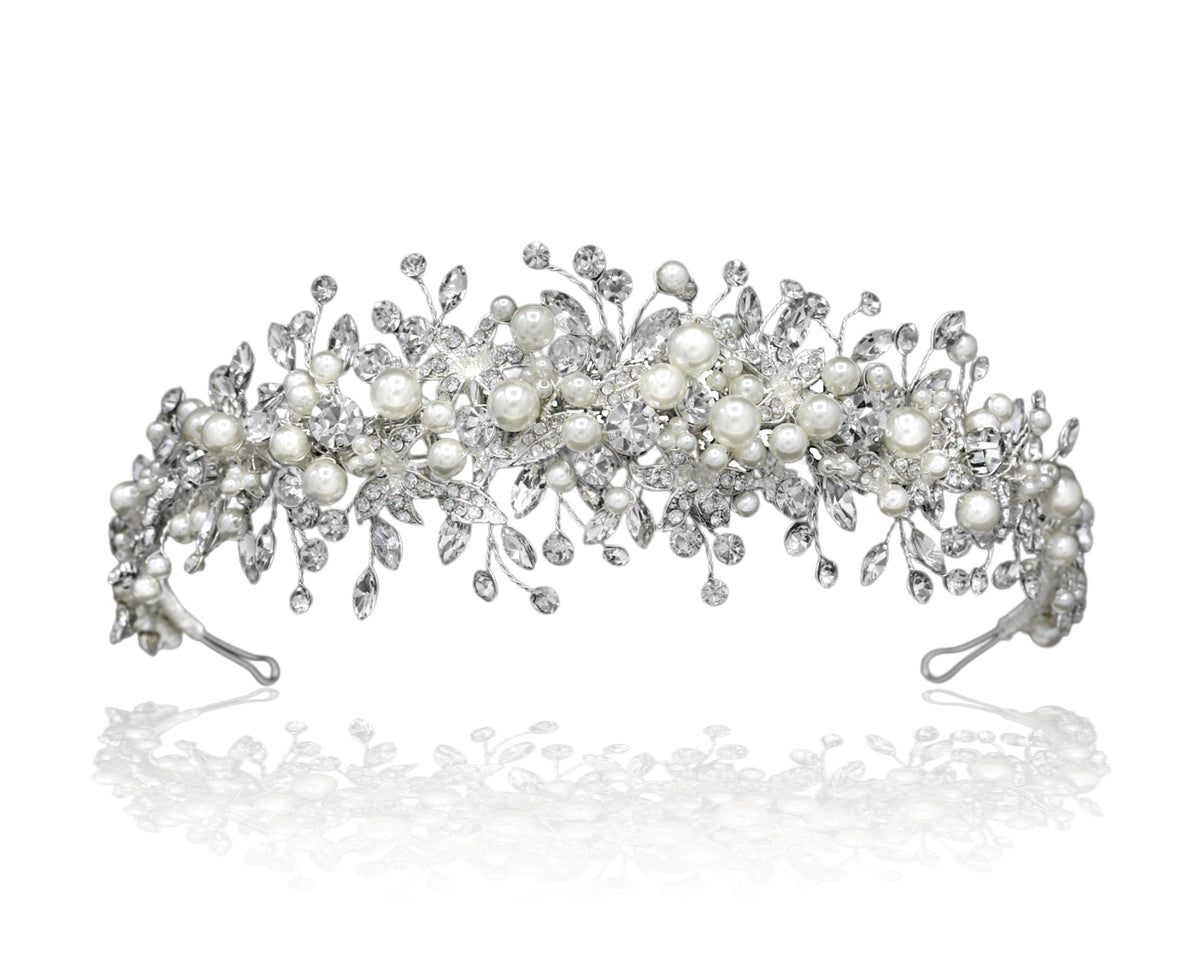 Bright Wedding Headpiece of Crystals and Ivory Pearls - Cassandra Lynne