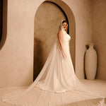 Wide Mantilla Cathedral Veil with Floral Lace Cassandra Lynne -A bride wearing a long wedding gown with a sheer veil and a very long train, standing in a warm beige architectural setting with an arched doorway and a large vase in the background.