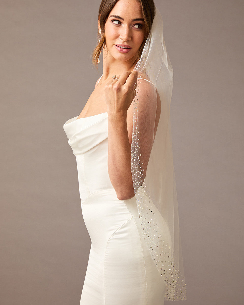 Fingertip Bridal Veil with Wide Scatter Edge Ivory -Cassandra Lynne