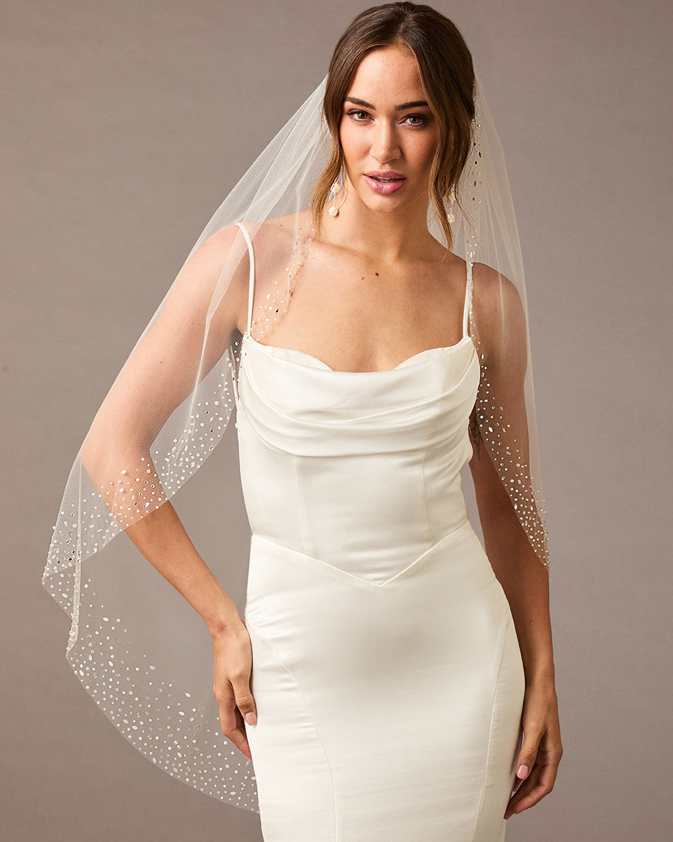 Fingertip Bridal Veil with Wide Scatter Edge Ivory -Cassandra Lynne