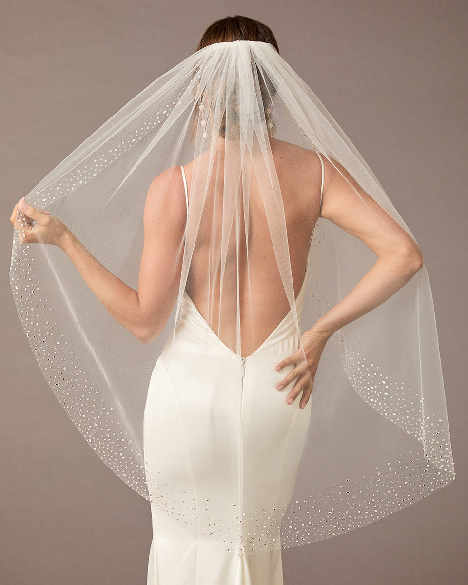 Fingertip Bridal Veil with Wide Scatter Edge Ivory -Cassandra Lynne