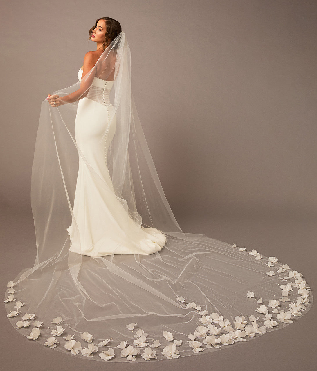 Royal cathedral wedding veil with a scatter of organza 3d flowers and pearls