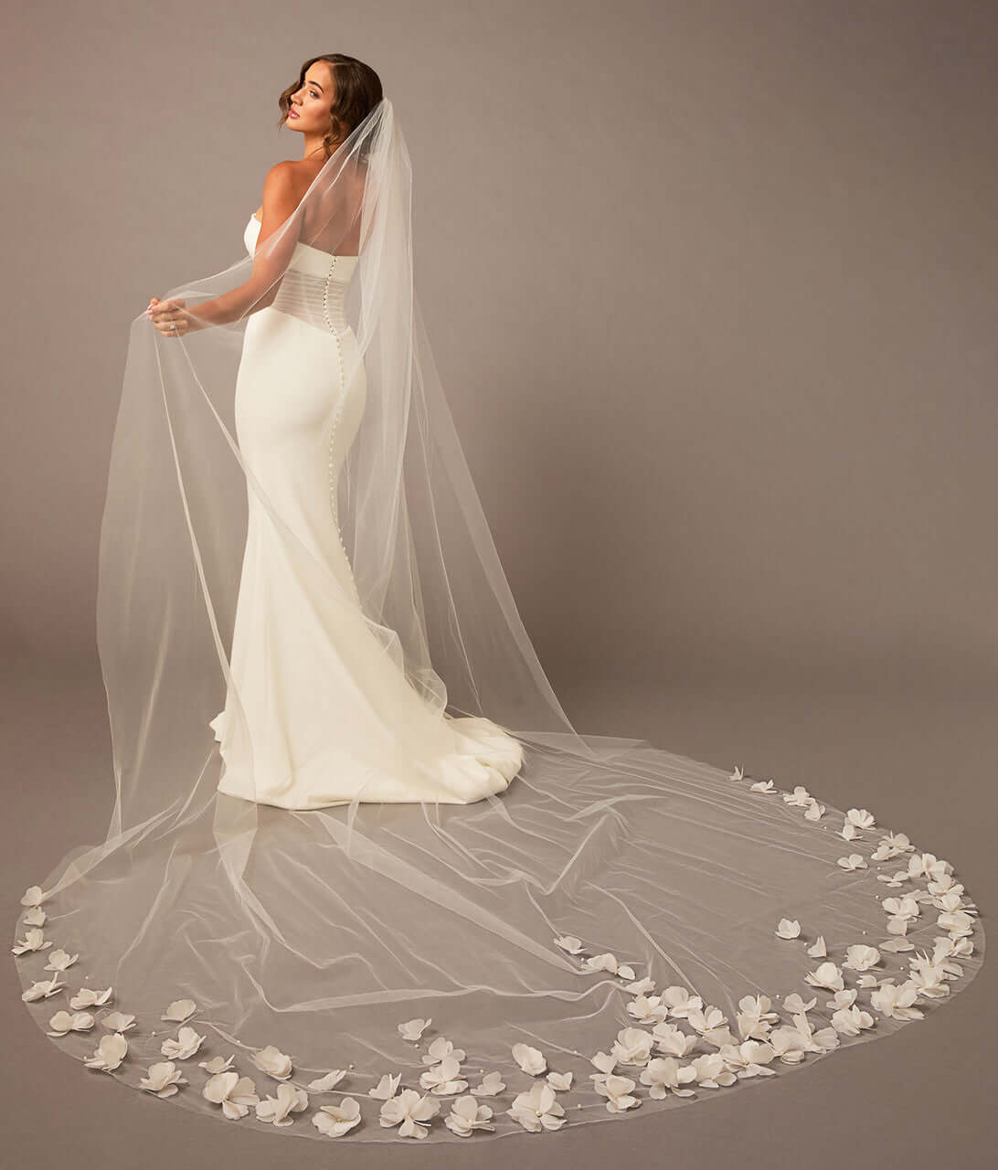 Royal cathedral wedding veil with a scatter of organza 3d flowers and pearls